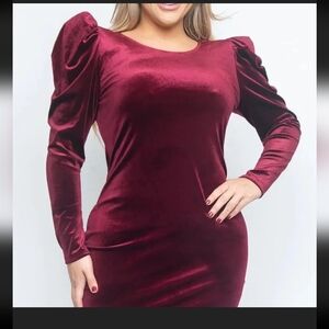 New Zenobia burgundy velour Wine red dress with puff sleeve